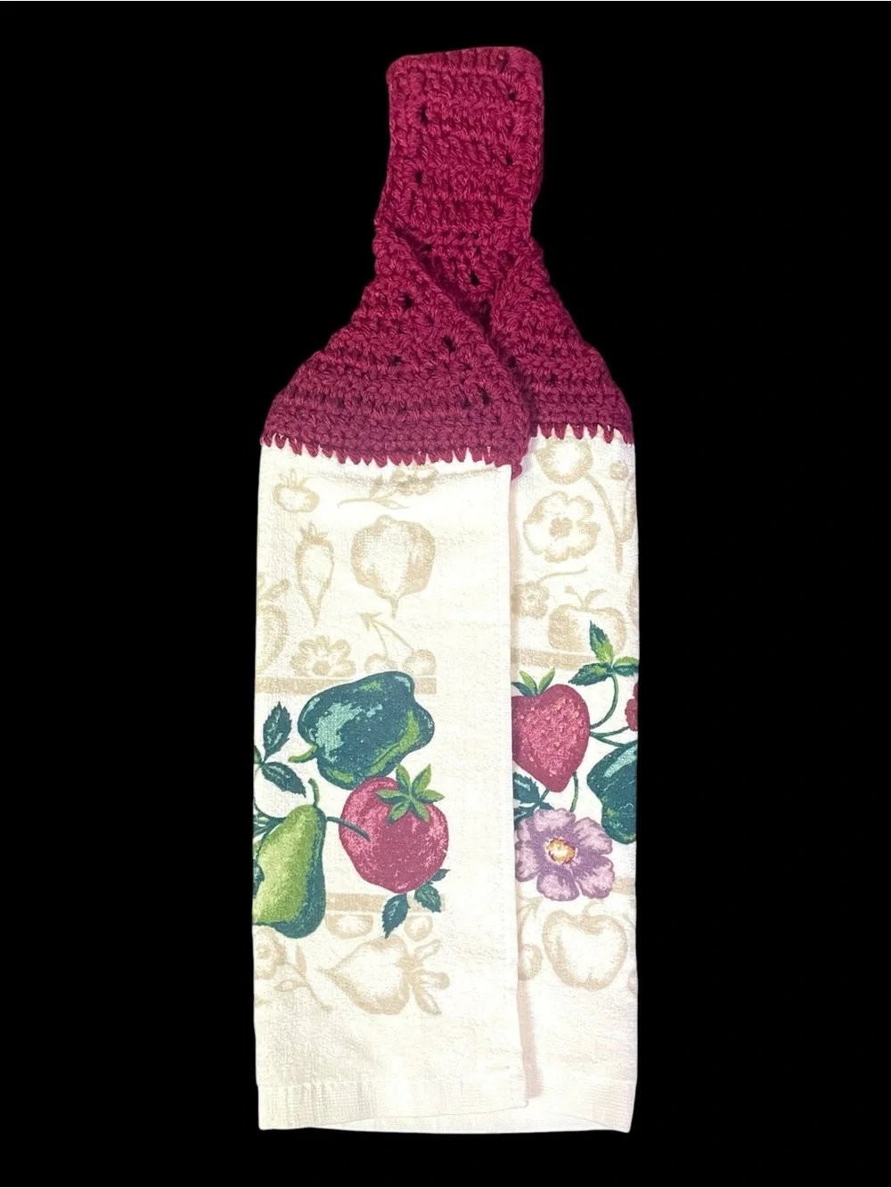 Kitchen Towel Set 2x Crochet Top & Standard ~ Floral Fruits Vegetables NEW NWOT